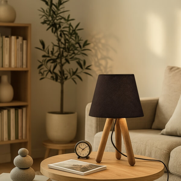 Homing Tasarım Ahşap Siyah Kumaş Başlıklı Abajur AYD-3168