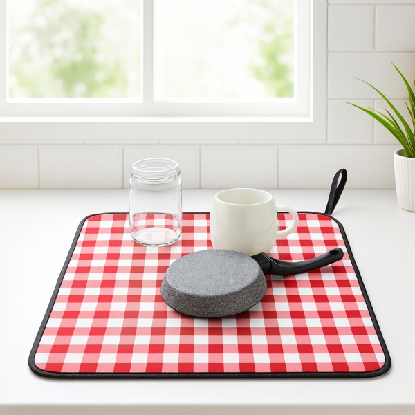 Homing Dish Drying Cover Red Checkered Double Sided M-3060