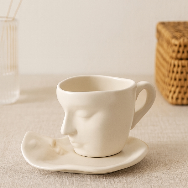 Homing Seramik Dekoratif Kupa ve Altlığı Krem HMY-6407