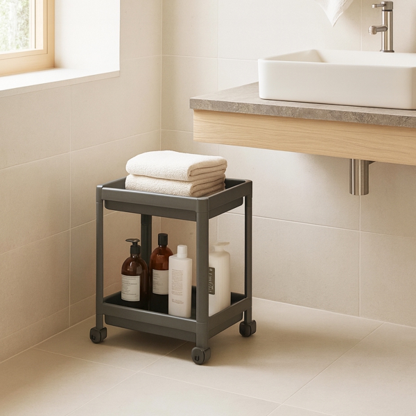 Homing Anthracite 2-Tier Multi-Purpose Bathroom & Kitchen Organizer Shelf on Wheels