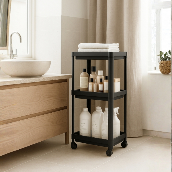 Homing Black 3-Tier Multi-Purpose Bathroom & Kitchen Organizer Shelf on Wheels