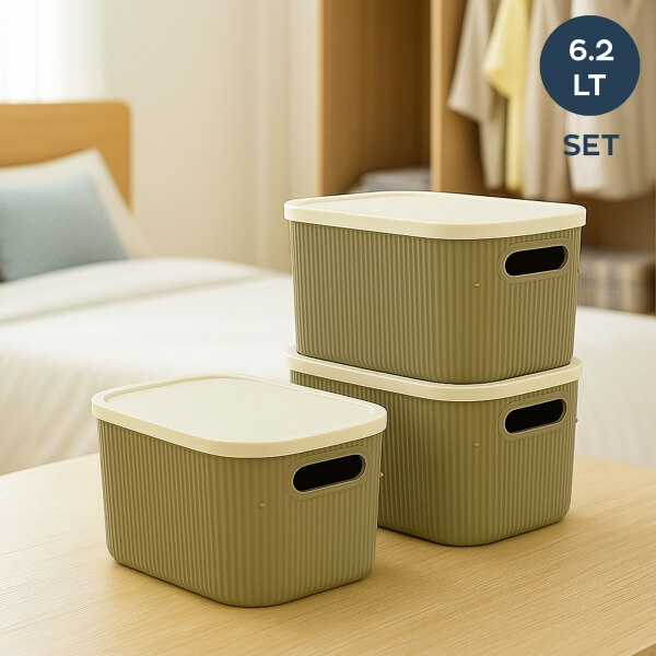 Homing 3 Piece Soft Green Ecru Covered Multi-Purpose Organizer Box 6.2lt