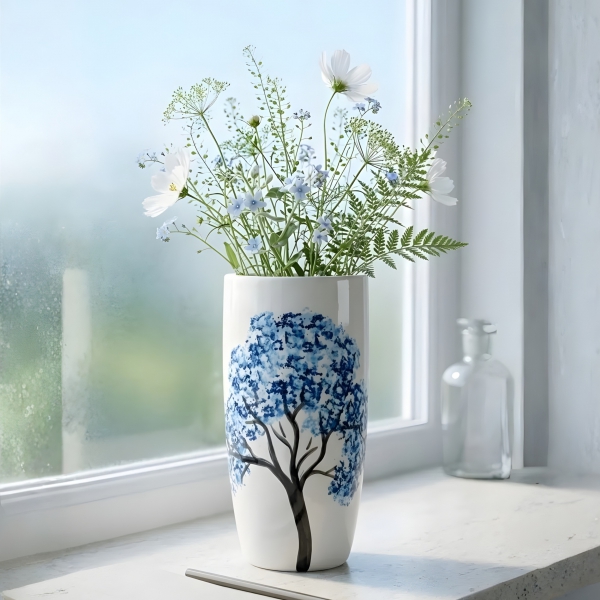 Homing Sienna Mavi Ağaç Motifli Seramik Saksı 24 cm